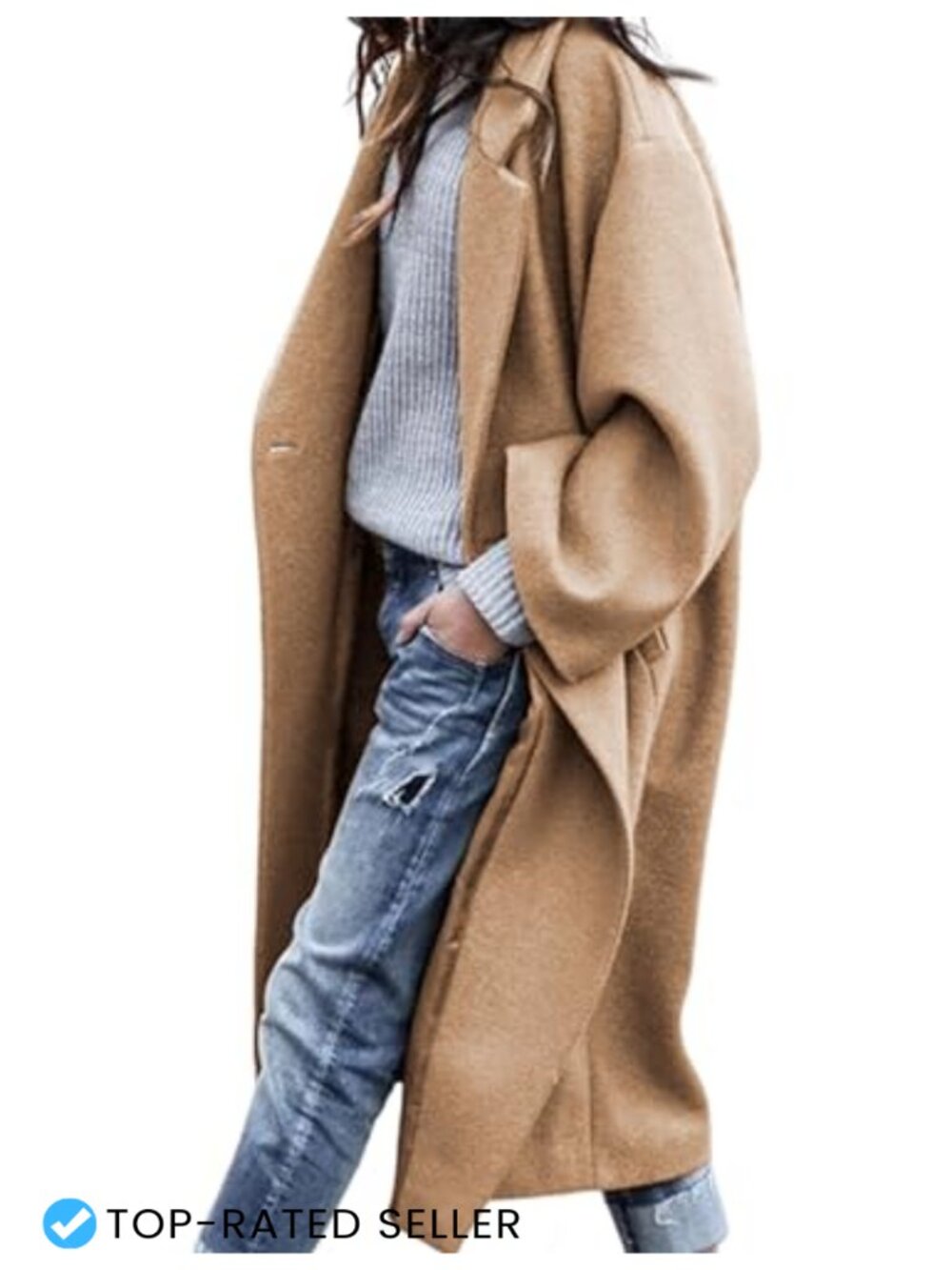 Oversized Wool Blend Pea Coat Double Breasted Notch Lapel Long Sleeve